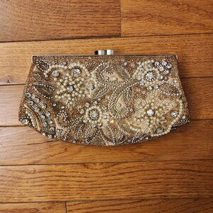 Glint / Nordstrom Champagne Pearl & Crystal Clutch w/ Shoulder Chain